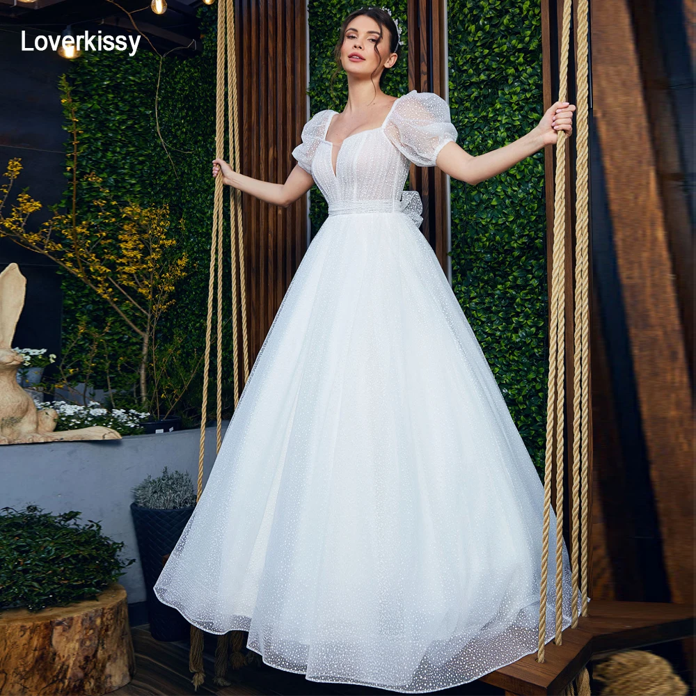 

Современное бальное платье Loverkissy в горошек из тюля, свадебные платья с пышными рукавами, шнуровкой и V-образным вырезом, свадебные платья со шлейфом и бантом