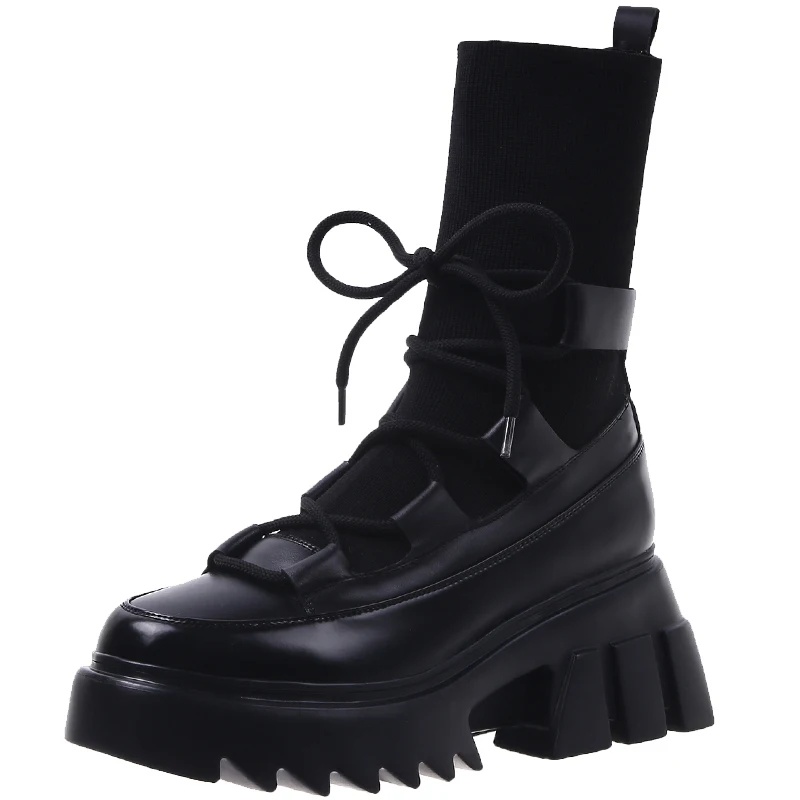 

Cross Strap Elastic Mesh Socks Shoes 2021 Spring New Thick-Soled Sponge Cake Short Boots Lace-Up Ladies Motorcycle Boots