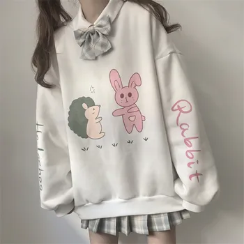 

Focal20 Streetwear Cartoon Rabbit Letter Print Women Fleece Sweatshirt Loose O-neck Female Tracksuit Sweet Winter Lady Pullovers