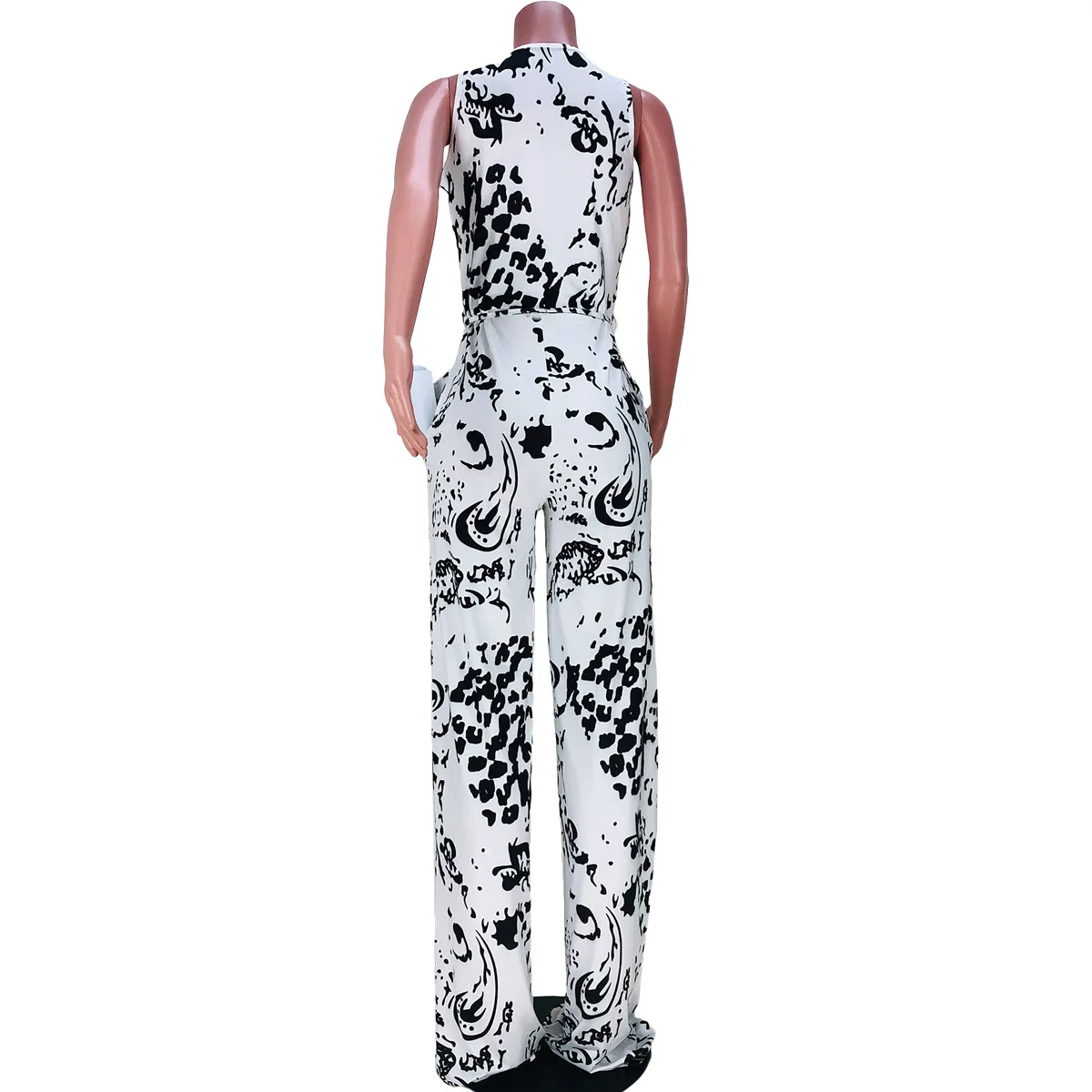 BKLD Sexy Club Outfits Women Clothing Jumpsuit Deep V-Neck Loose Wide Leg Pants With Belt Pockets 2024 Summer New Fashion Print