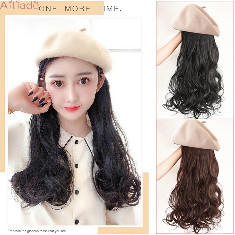 

AILIADE Long Synthetic Red Berets Cap Wig Natural Wave or straight Wigs Naturally Connect Synthetic Hat Wig For girl party
