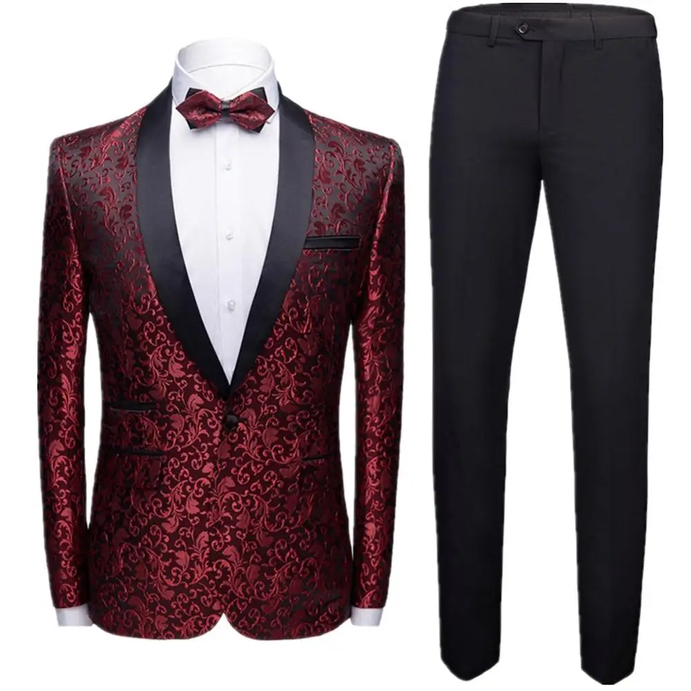 Royal Blue Embroidered Wedding Men Suit Shawl Collar Slim Fit 2 Pieces Jacket+Pants For Wedding Groom Tuxedos Formal Suits - Цвет: 002