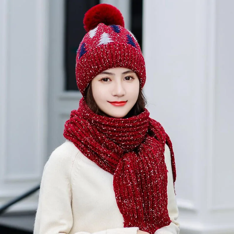 Hat scarf red wine Женская зимняя теплая шапка и шарф, наборы, модная женская шапка, шарф, набор, однотонный помпон, шапка и шарф, набор для женщин, вязаные шапочки - Цвет: Hat scarf red wine