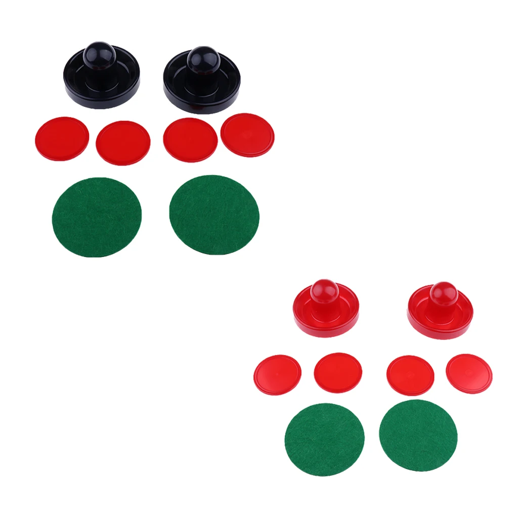 Two Air Hockey Felt Pushers Strikers Goalies Plus Four Pucks Set Three Sizes Red Dark Blue
