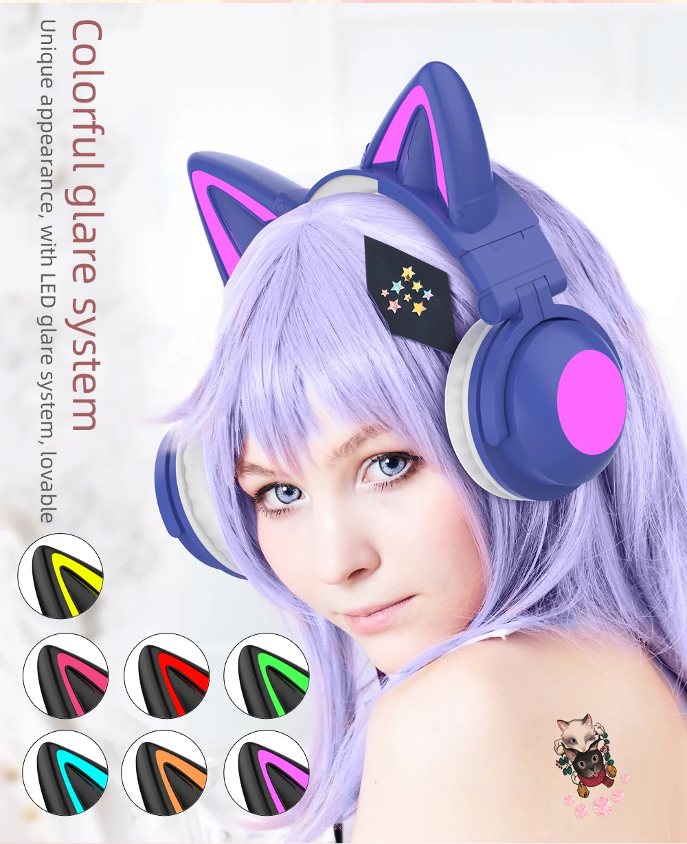 New ZW068 Bluetooth5.0 Headphone Wireless Headset With HD Microphone Cat Ear Cute LED Light Flashing for Girl Gift