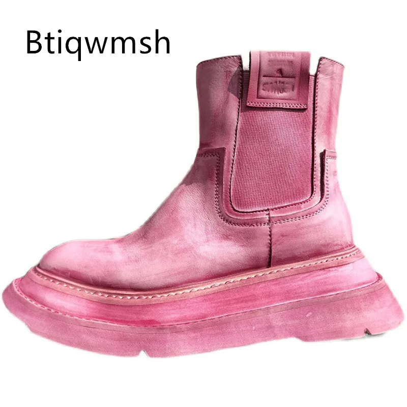 

Candy Color Ankle Boots Women Round Toe Pink Yellow Soft Real Leather Thick Bottom Flat Shoes Woman Fashion Do Old Chelsea Boots