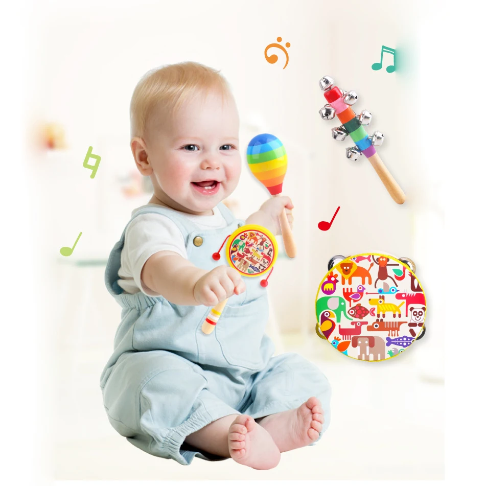 

Wooden toys cartoons animals hand drums baby rattles rattles four-piece educational toys Baby Gift Drop shipping