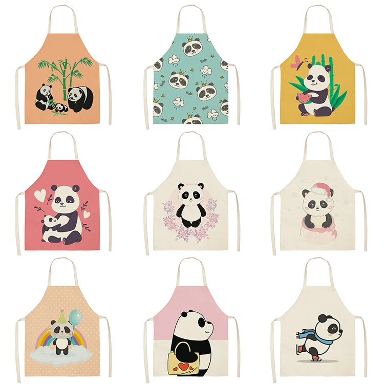 1Pcs Cute Panda Letter Kitchen Aprons For Women Cotton Linen Bibs Household Cleaning Pinafore Home Cooking Apron 53*65cm WQL0198