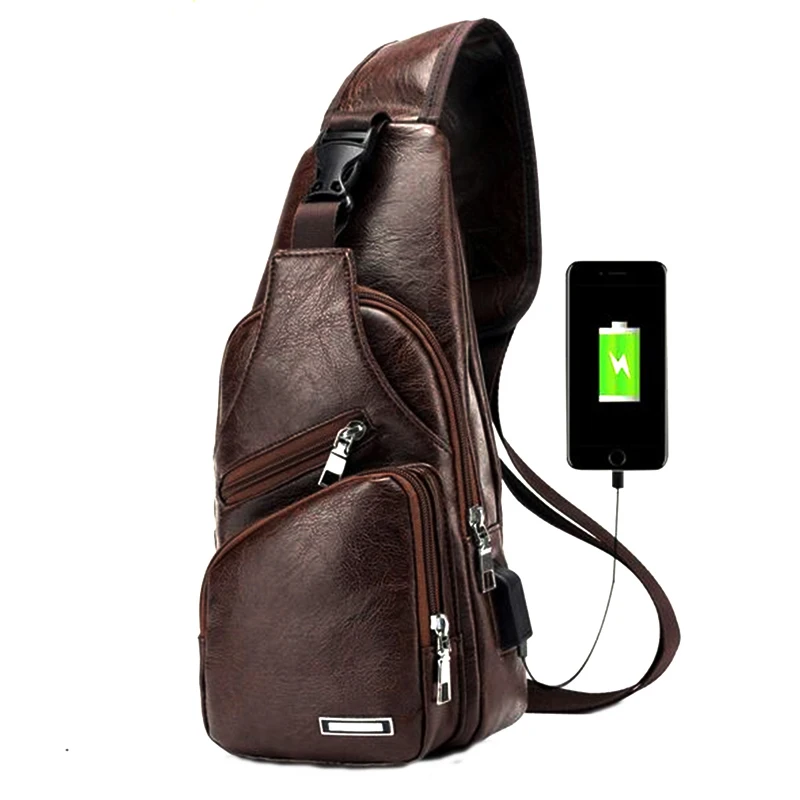 dark brown USB PU зарядная сумка через плечо Противоугонная мужская сумка через плечо походная нагрудная сумка повседневная сумка-пояс кожаная сумка через плечо с ремешком S/L - Цвет: dark brown