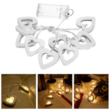 

10LED For Bedroom Pendant Lamp Bar Indoor Outdoor Festival Wooden Heart Garden Lawn Battery Powered Fairy Lights Wedding Party