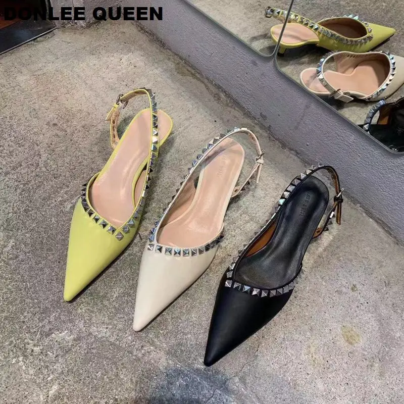 

Women Shoes Slingback Summer Sandals For Female Casual Footwear Pointed Toe Elegant Low Heel Party Shoes New Brand Rivet Sandals