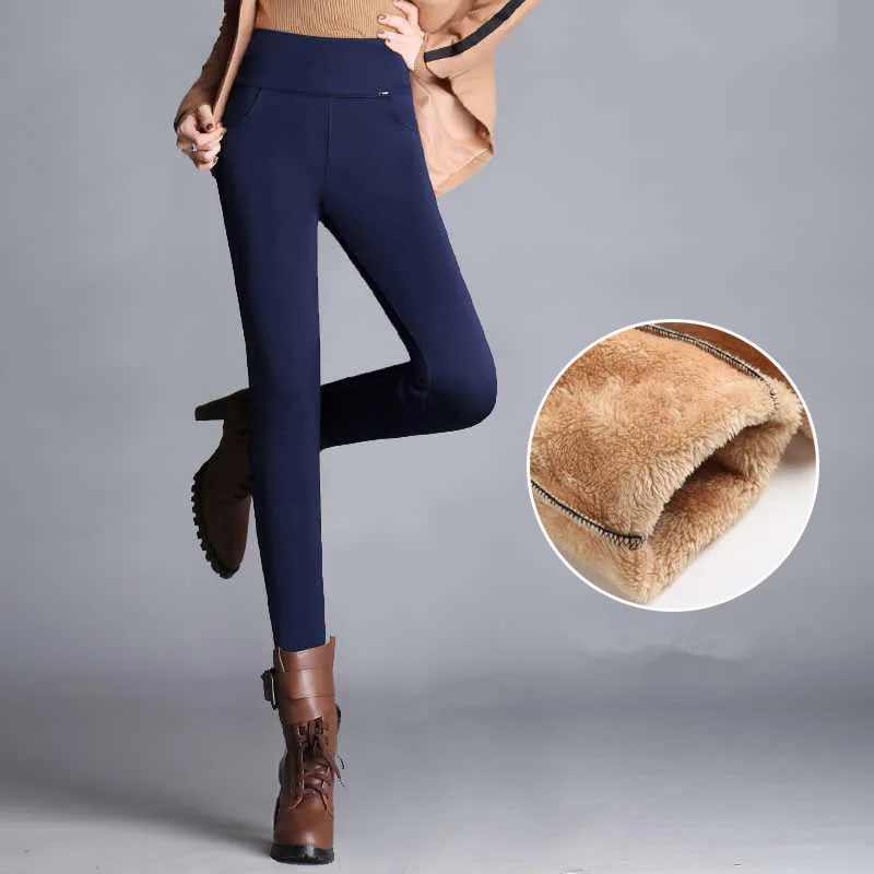 sapphire blue Зимние брюки из овечьей шерсти, женские облегающие бархатные Pantalon с высокой талией, теплые толстые кашемировые брюки для женщин - Цвет: sapphire blue