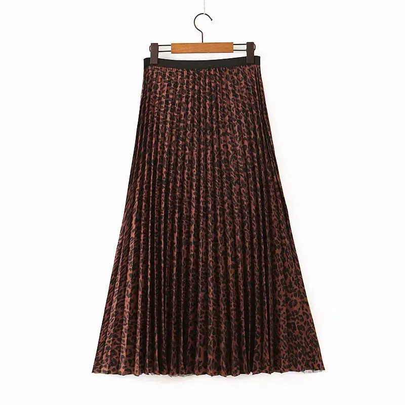 

Women Leopard Print Pleated Skirt Elastic Waist Animal Pattern Basic Female Stylish Wild Ankle Length Skirts