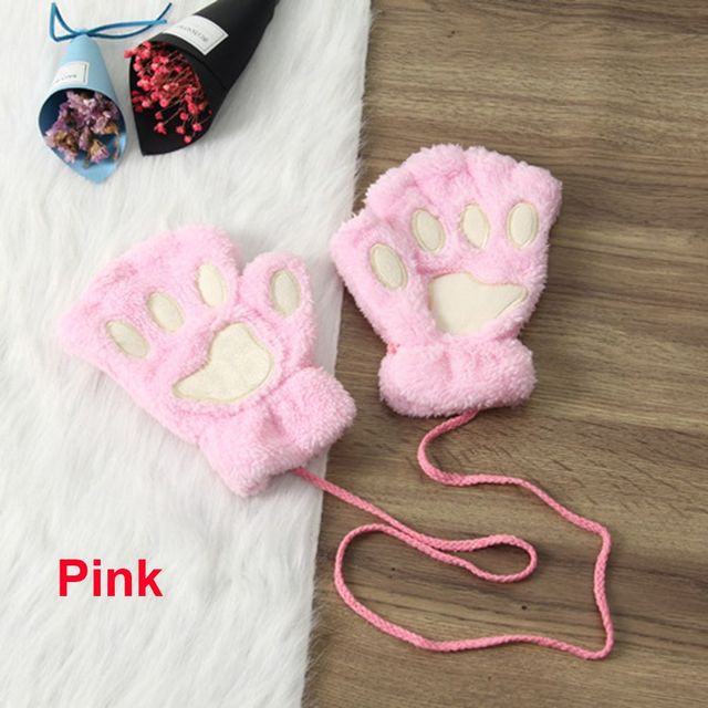 Cute Bear Paw/Cat Gloves With Rope For Women Girls Winter Plush Fluffy Warm Fingerless Gloves Great Winter Christmas Gift