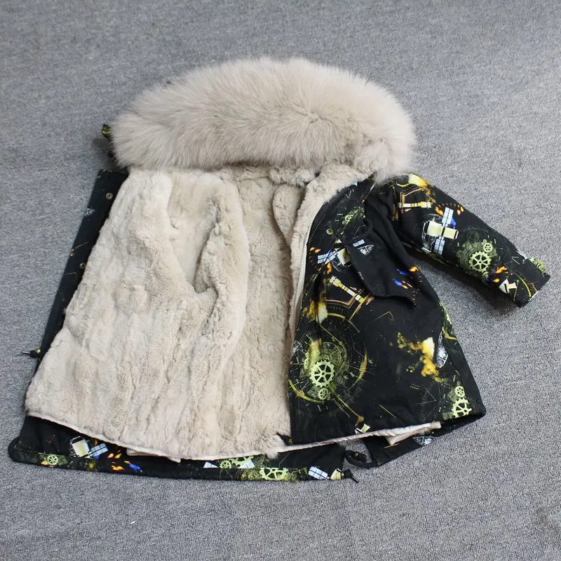 Одежда для маленьких девочек зимняя куртка с натуральным мехом парка, ветровка для мальчика с большим мехом, пальто с капюшоном для девочек, детские куртки, одежда - Цвет: green khaki fur