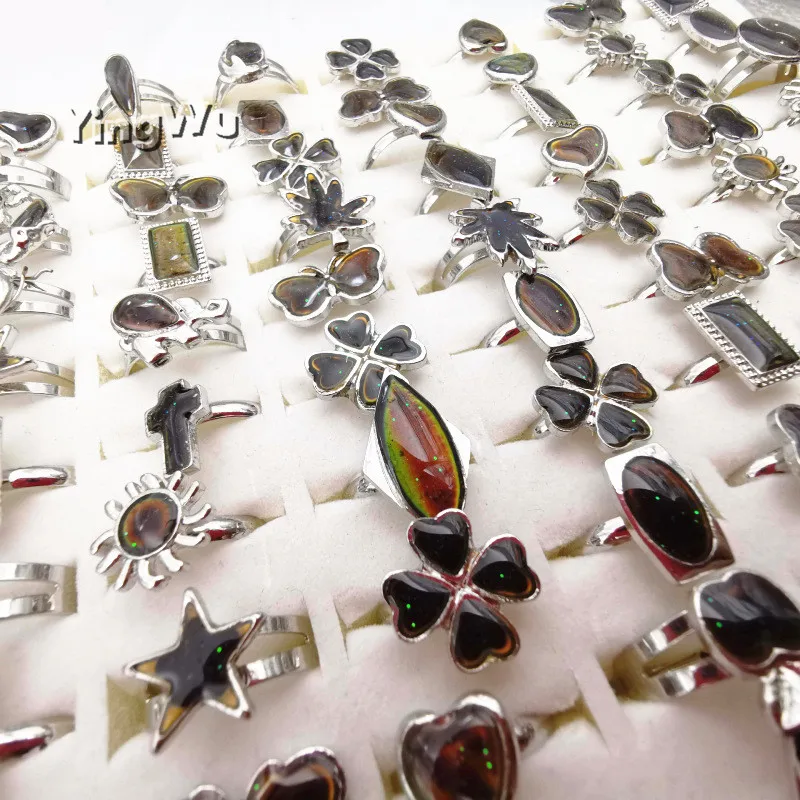Yingwu Silver Retro Adjustable mood Rings for Women temperature control color heart oval round star Fashion Jewelry 50pcs Lot