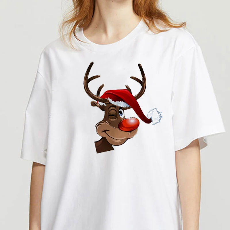 

Merry Christmas New Lovely Deer T Shirt women funny Santa Claus Short Sleeve t shirt White Tshirt Suitable All Seasons Tshirts