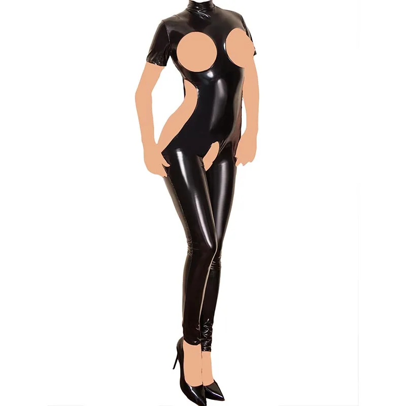 Sexy Women Patent Leather Cupless Crotchless Catsuit Bodysuit Wet Look Latex Style Jumpsuit Mistress Fetish Costume