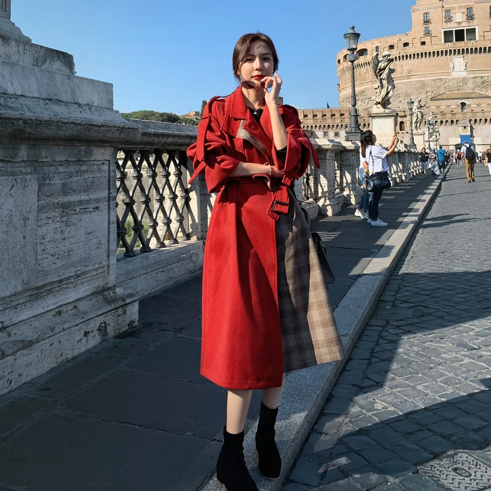 

Photo Shoot Sense of Design Plaid Stitching Woolen Jacket 2019 Winter New Style WOMEN'S Dress Retro British Style Woolen Overcoa