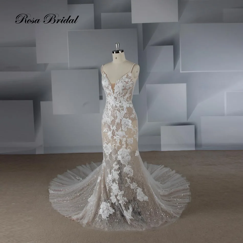 Rosabridal mermaid wedding dress Modern style V-neckline backless bridal gown