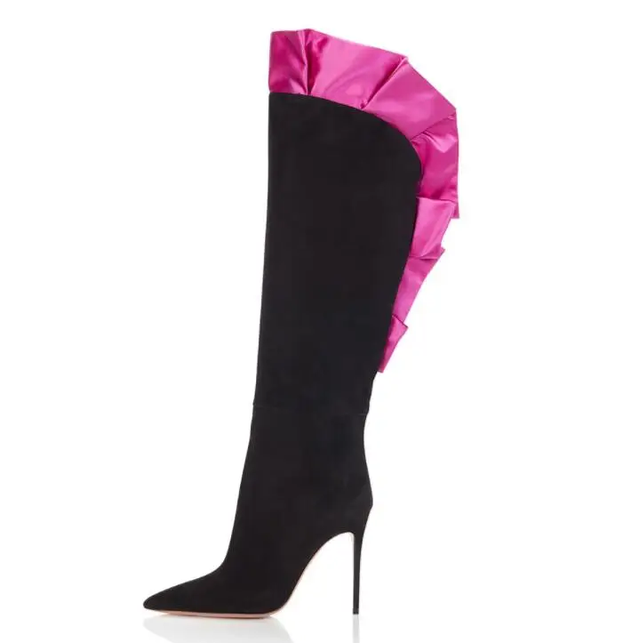 

Women Mixed Color Pleated Side Knee High Boots Ladies Pointed Toe Stiletto High Heels Dress Runway Shoes Woman Slip-on Shoes