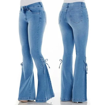 

Flare Pants Jeans Woman Mid-rise Belt Denim Trousers Stretch Wide Leg Casual Solid Color Jeans Feminina Robe Femme Plus Size