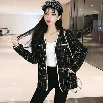 

2020 Fall Winter Fashion Plaid Women's Wool Blends Coat Single Breasted Tweed Small Fragrance Jacket Black Outerwear