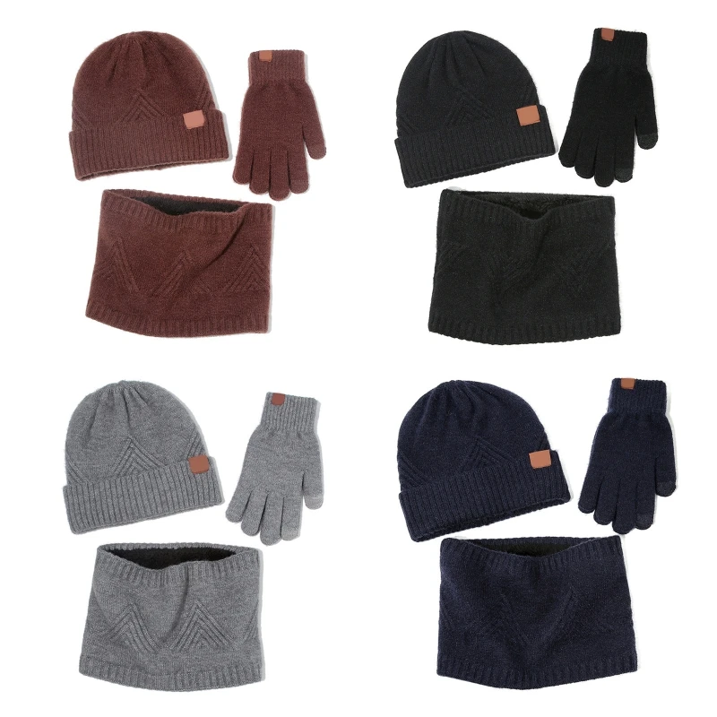 

3Pcs Unisex Winter Beanie Hat Scarf Touch Screen Gloves Set Triangle Striped Knit Plush Lined Cuffed Skull Cap Warmer