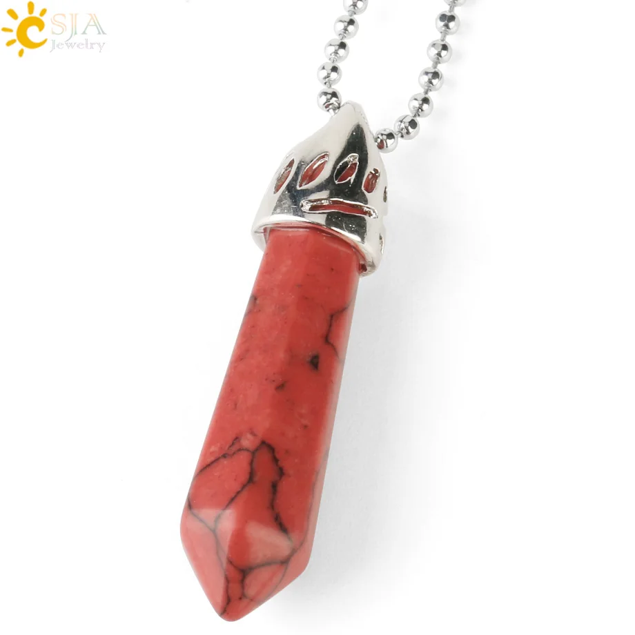 CSJA натуральный драгоценный камень шестигранная колонна кулон лечебный Кристал, кварц ожерелья из оникса Подвеска для женщин мужчин модные ювелирные изделия G301 - Окраска металла: Red Turquoise