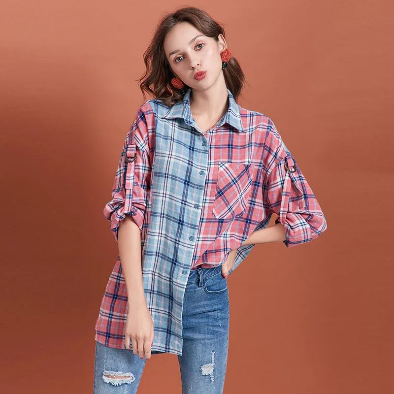 stitching ARTKA/ Осенние новые женские блузки, Модная хлопковая цветная рубашка в клетку с отворотным воротником, Повседневная Свободная рубашка, пальто SA10490Q - Цвет: stitching