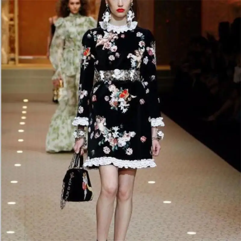 

2019 New Fashion Hot Sale Women Dresses High Quality Autumn Summer Runway O-Neck 3/4 Sleeve Patchwork Lace Printed Dress