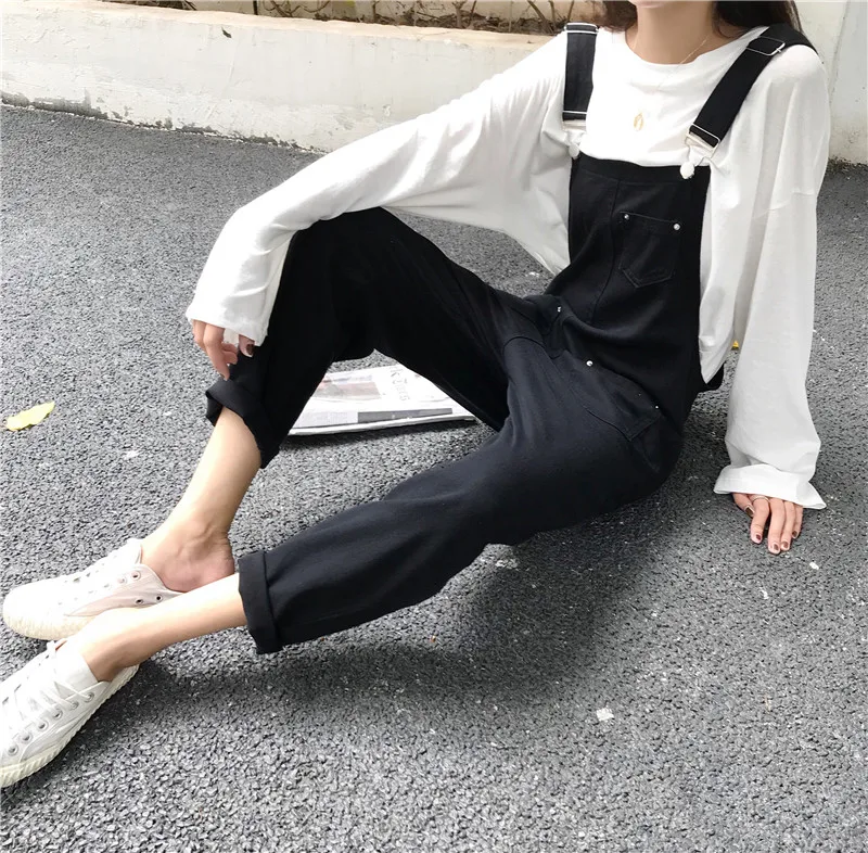 Комбинезоны женские Ulzzang однотонные джинсовые уличные Большие размеры женские весна осень новые свободные прямые женские s брюки студенческие повседневные