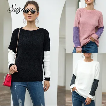 

Suzhan Patchwork Knitted Pullover Sweaters Women O Neck Long Sleeve 2019 Autumn Casual Tops Knitwear