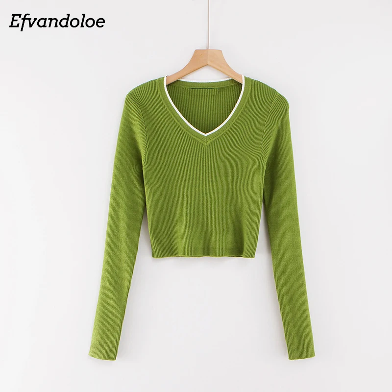 

Efvandoloe Autumn Knitted Women Sweater 2019 V Neck Pullovers Long Sleeve Short Knitwear Slim Clothes