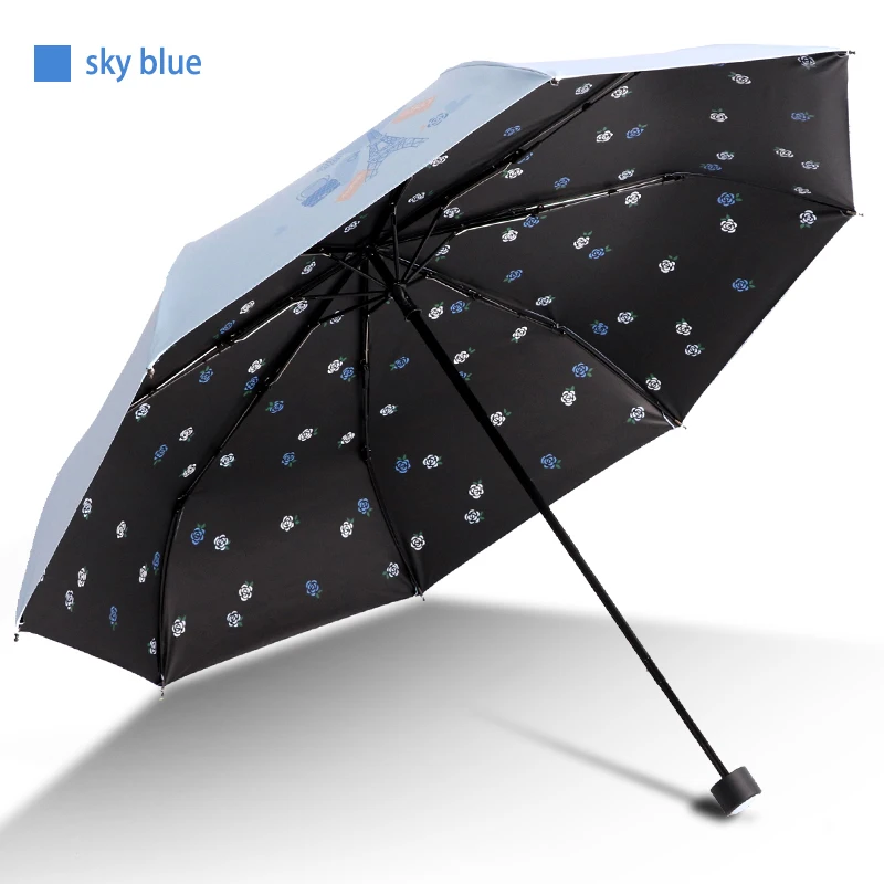 Folding windproof UV umbrellas Black plastic small fresh dual-use umbrella folding new sun umbrella ladies umbrella - Цвет: Синий