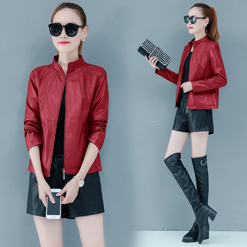Lucyever Plus Size Women Faux Leather Jacket Autumn Fashion Korean Stand Collar Pu Motorcycle Biker Zipper Slim Lady Jacket - Цвет: Бургундия