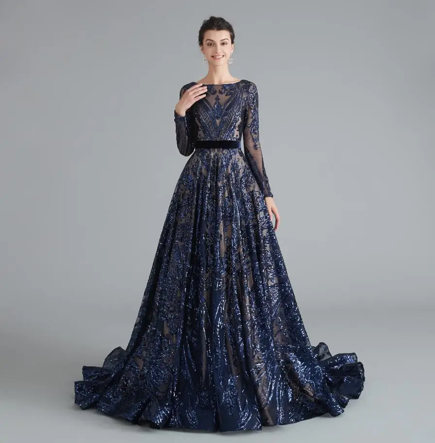 Navy Blue JaneVini Королевский синий с длинным рукавом со Стразами Вечернее Платье сверкающие красные платья для выпускного на шнуровке с коротким шлейфом женские вечерние платья - Цвет: Navy Blue