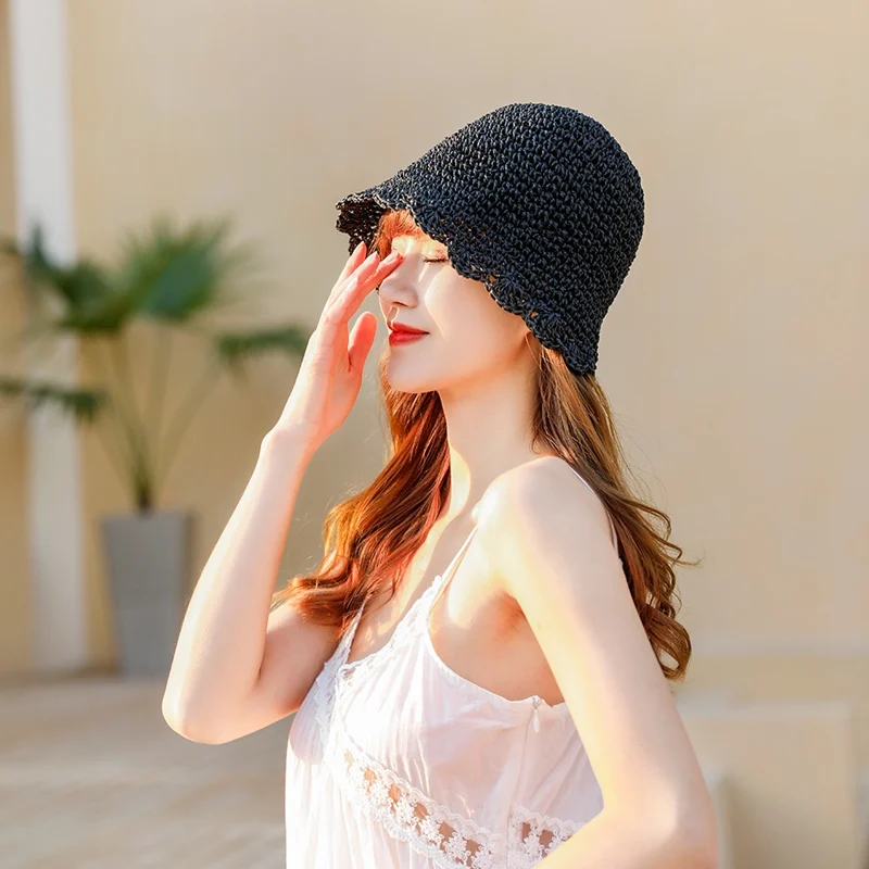 

Outdoor Nylon Folding Straw Plaiting Beach Cap Headwear Accessories Beach Fisherman Bucket Wave Edge Hat