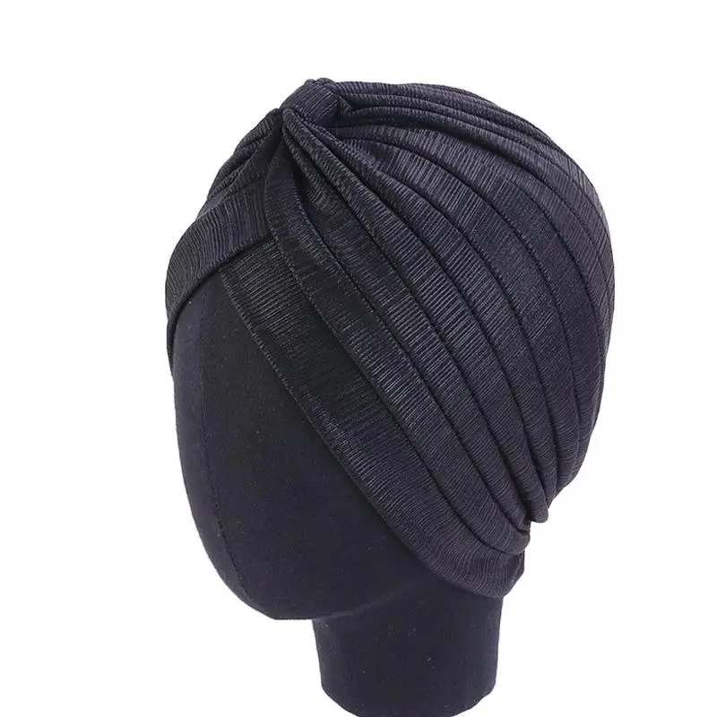 Мусульманские женщины блеск тюрбан плиссированная раковая шапка после химиотерапии шапка индийская потеря волос шапочка головной платок шапочка растягивающаяся крышка - Цвет: Черный