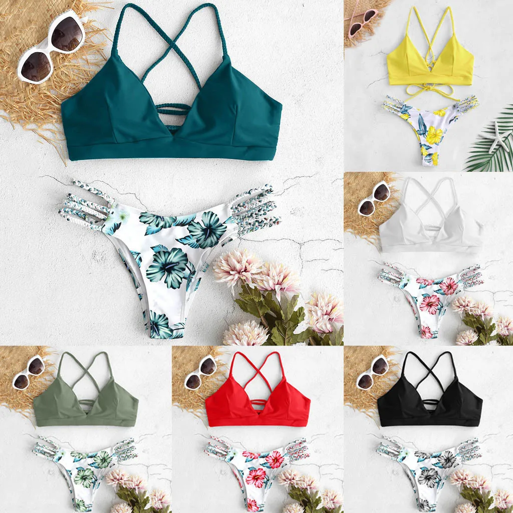 Женский купальник из двух частей сексуальное бикини с вырезом и отжимом цветов