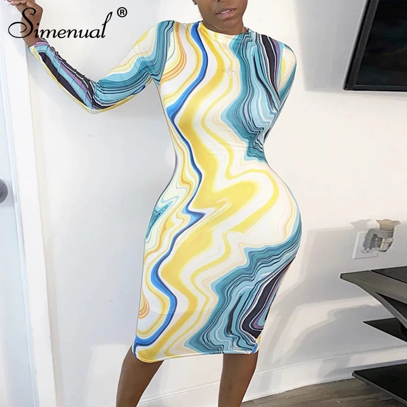 Simenual Bodycon Sexy Tie Dye Print Women Party Dress Long Sleeve Skinny Fashion Clubwear 2020 Autumn Midi Dresses Female Basic Simenual Bodycon Sexy Tie Dye Print Women Party Dress Long Sleeve Skinny Fashion Clubwear 2020 Autumn Midi Dresses Female Basic