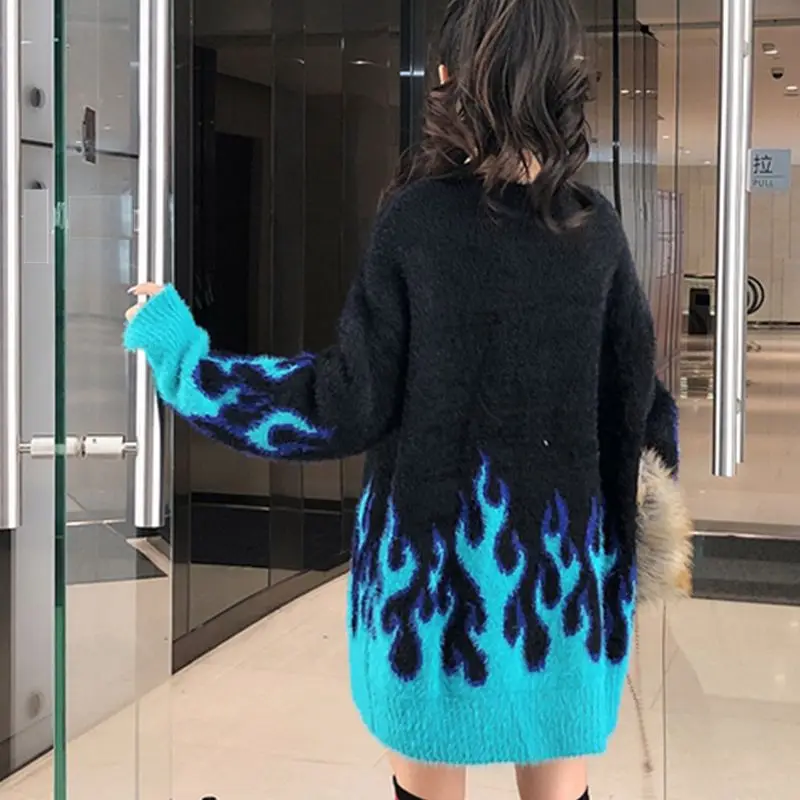 Streetwear flame pattern loose Knitted pullover sweater women long sleeve O-Neck Print sweater Autumn winter fashion New Arrival Streetwear flame pattern loose Knitted pullover sweater women long sleeve O-Neck Print sweater Autumn winter fashion New Arrival