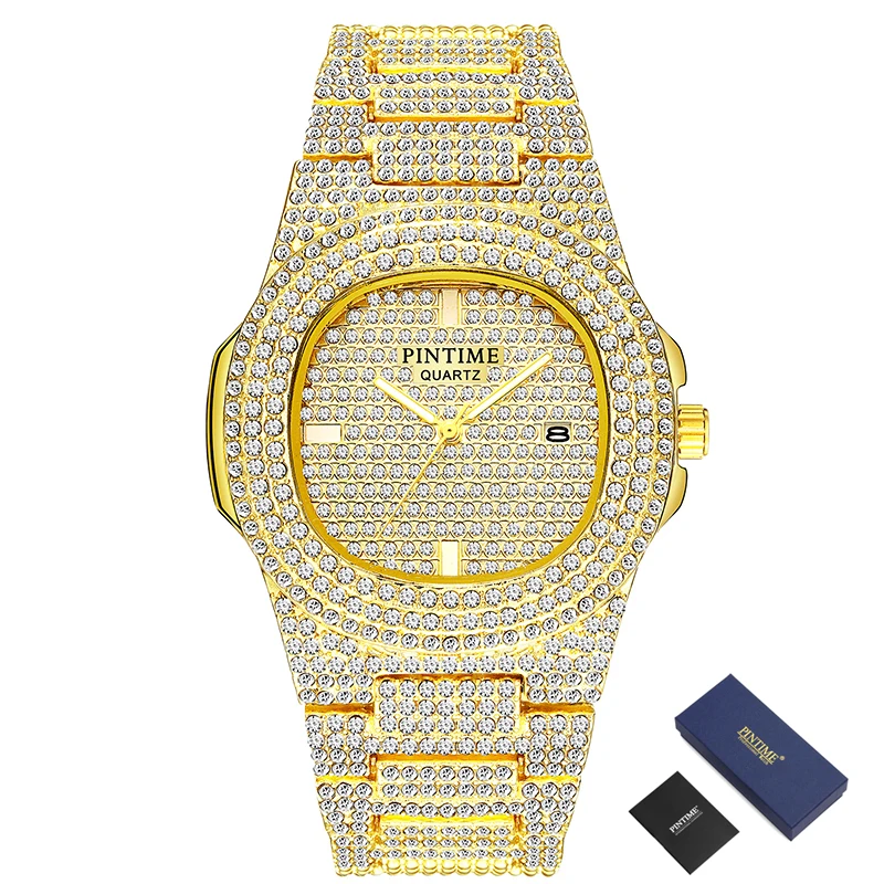 Дропшиппинг, часы Iced Out, мужские, женские, кварцевые, с золотым бриллиантом, мужские часы, Топ бренд, Роскошные, хип-хоп, Стальные наручные часы, Reloj Hombre - Цвет: Men Gold-Box