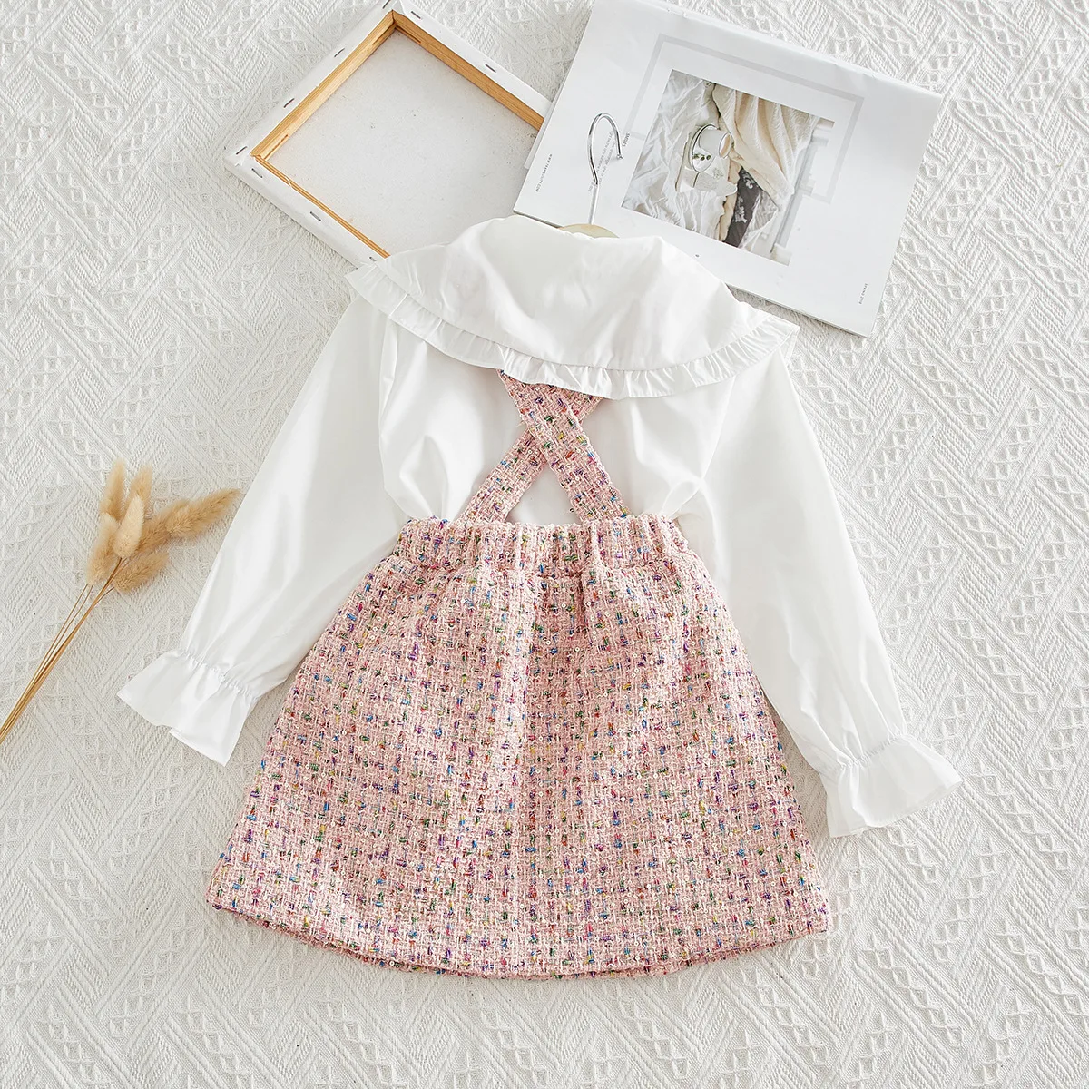 Модная белая блузка для девочек, рубашка и розовый комбинезон, милая осенняя одежда для маленьких девочек, милый комплект одежды для детей