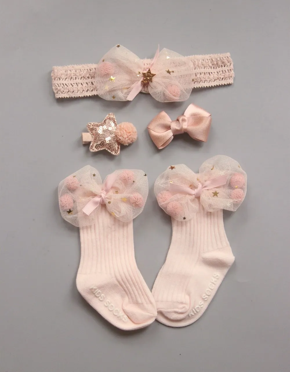 Emmaaby/милые носки с кружевными оборками для новорожденных девочек Теплые нескользящие носки принцессы с оборками+ повязка на голову, 4 предмета - Цвет: F