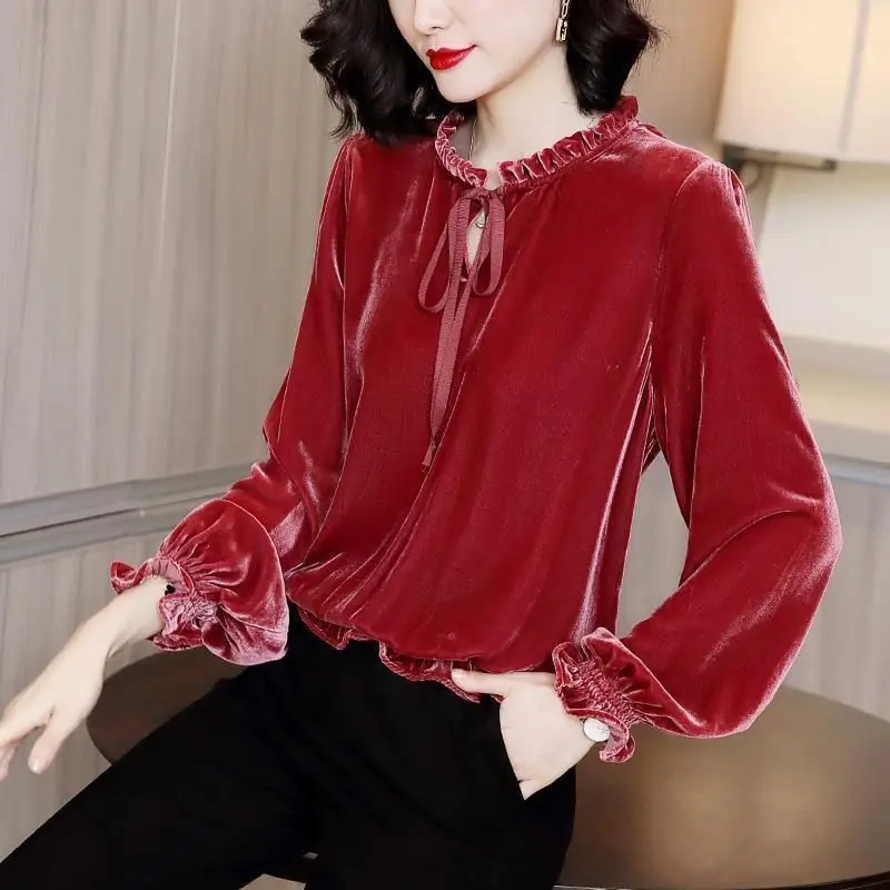 Womens Tops And Blouses Leisure Gold Velvet Bottom Long Sleeve Thin Casual Solid Color Temperament Basic Ladies | Женская одежда