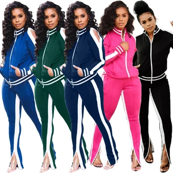 

Autumn Casual Sport Tracksuit Women Zip Skinny Jacket + Split Pencil Pants Female Winter Packet Elegant Two Piece Set Outfits