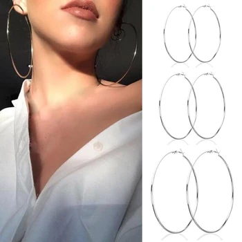 

Large Circle Hyperbole Hoop Earrings Silver Color for Women Round Circle Earrings Hoops Ear Rings Party Club