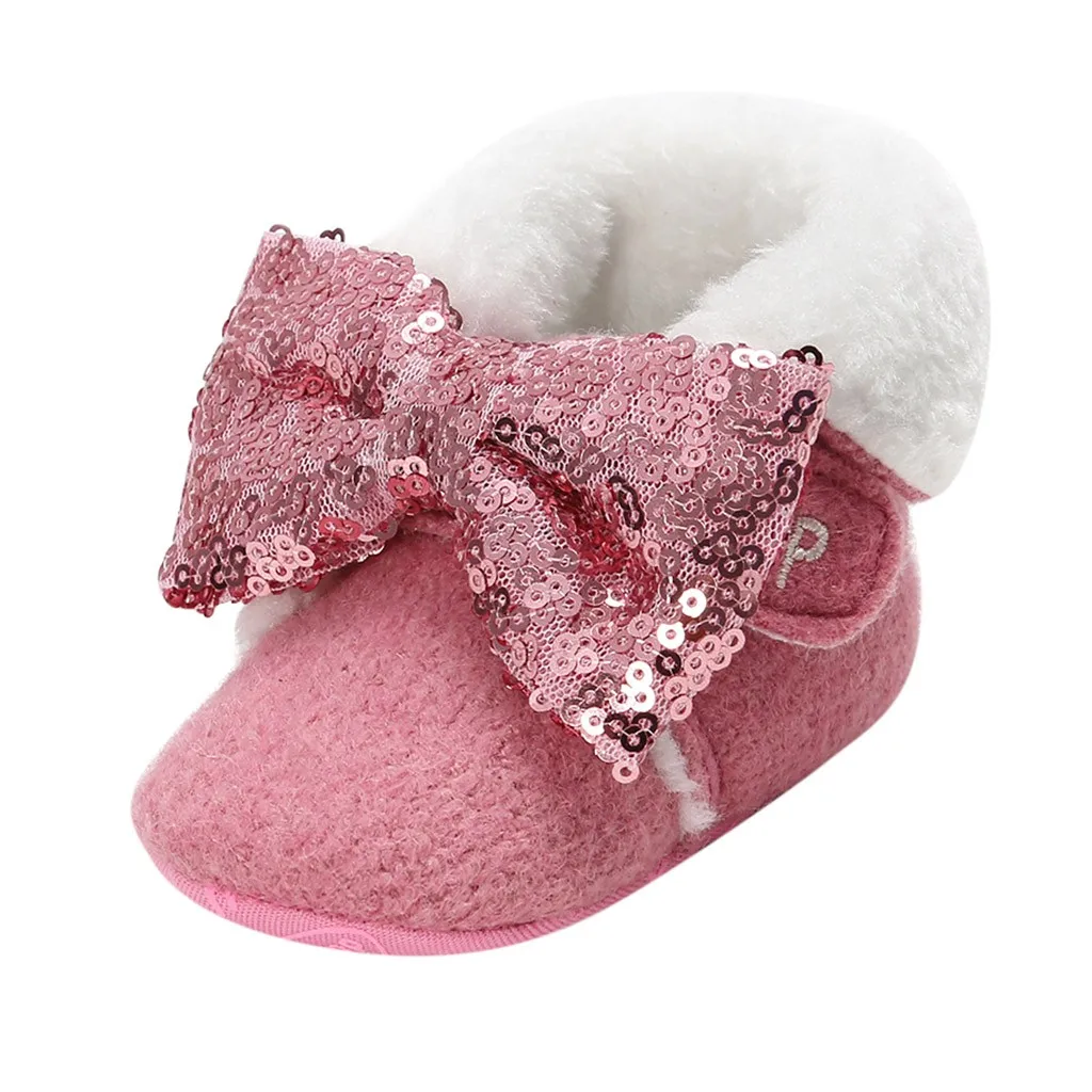 

2019 Toddler Kid Baby Girls Cute Sequins Pink Bling Bowknot Winter Warm Snow Boots Bootie Shoes Sapato Infantil Plus velvet New