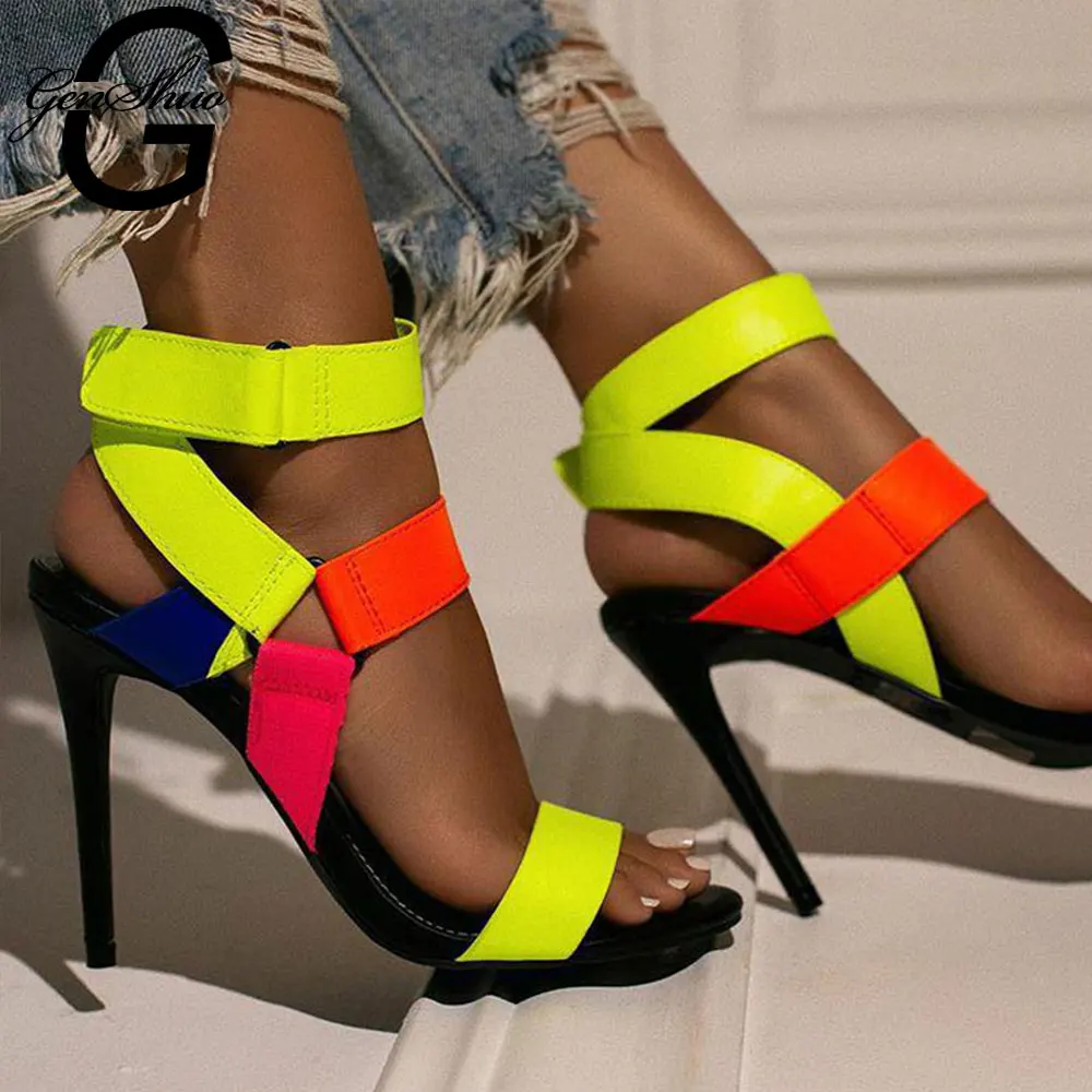 

GENSHUO Fashion 2020 Summer Women's Sandals Buckle Strap Thin High Heels Candy Color Open Toed Night Club Party Shoes 35-42 Sexy